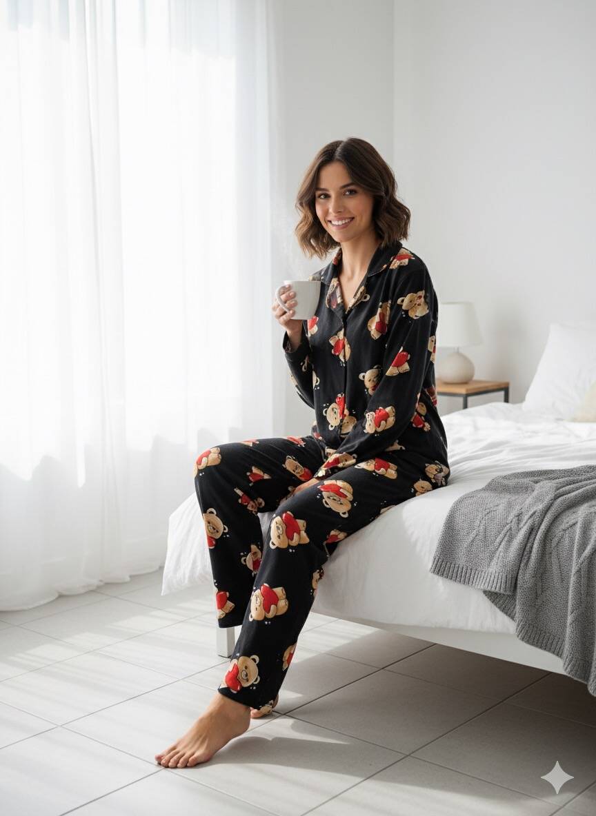 Ayıcıklı Gömlek Yaka Kadın Pijama Takım