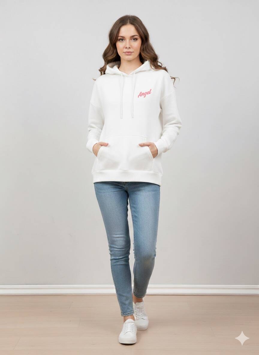 Beyaz Baskılı Kapüşonlu Sweatshirt