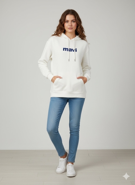  - Beyaz Baskılı Kapüşonlu Sweatshirt