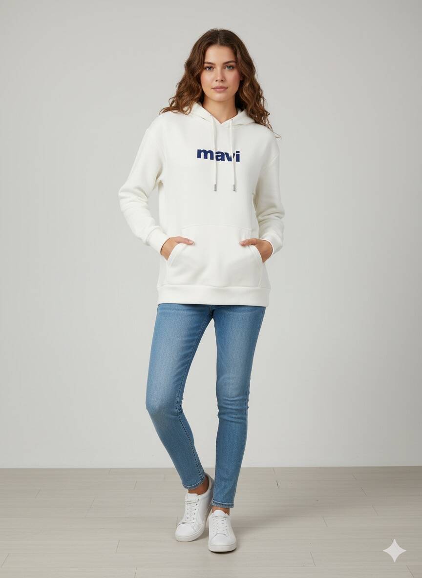 Beyaz Baskılı Kapüşonlu Sweatshirt