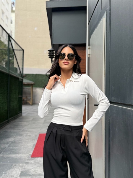 Beyaz Polo Yaka Uzun Kol Tişört - Thumbnail