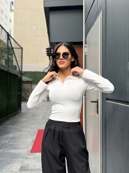 Beyaz Polo Yaka Uzun Kol Tişört - Thumbnail