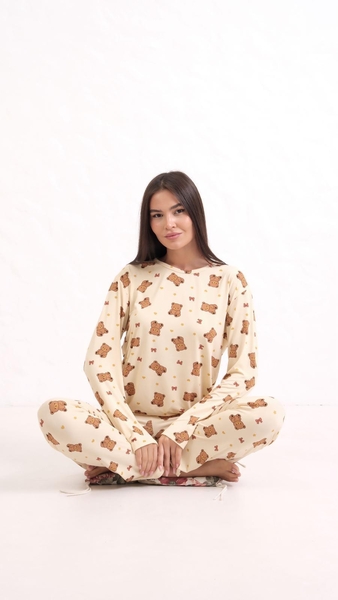  - Bisiklet Yaka Ayıcık Desenli Pijama Takım