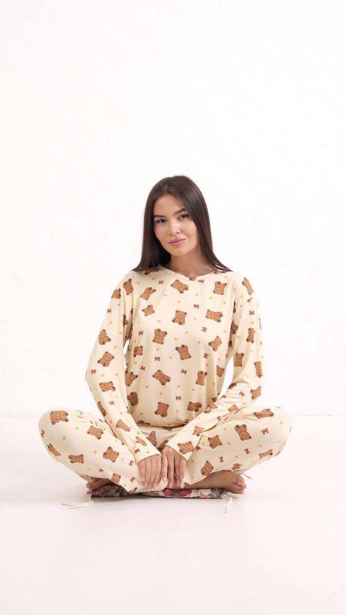 Bisiklet Yaka Ayıcık Desenli Pijama Takım