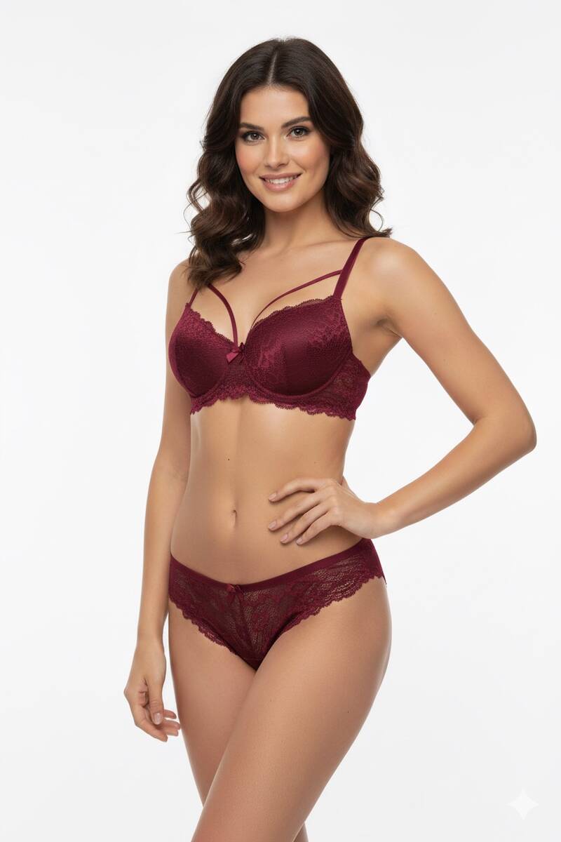 Bordo Desteksiz Çapraz İpli Sutyen Takım
