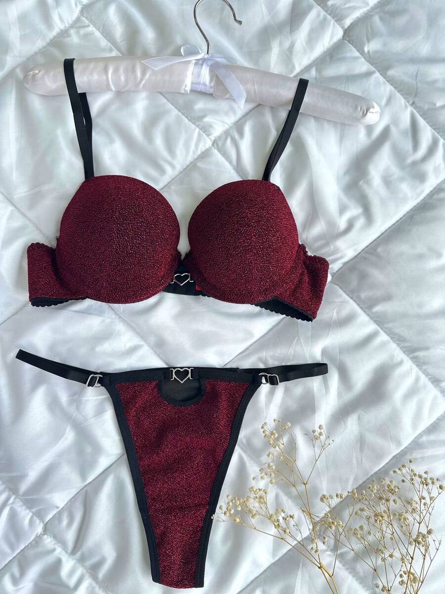 Bordo Kalp Detaylı Destekli Sutyen Takım