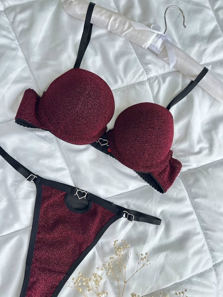 Bordo Kalp Detaylı Destekli Sutyen Takım - Thumbnail