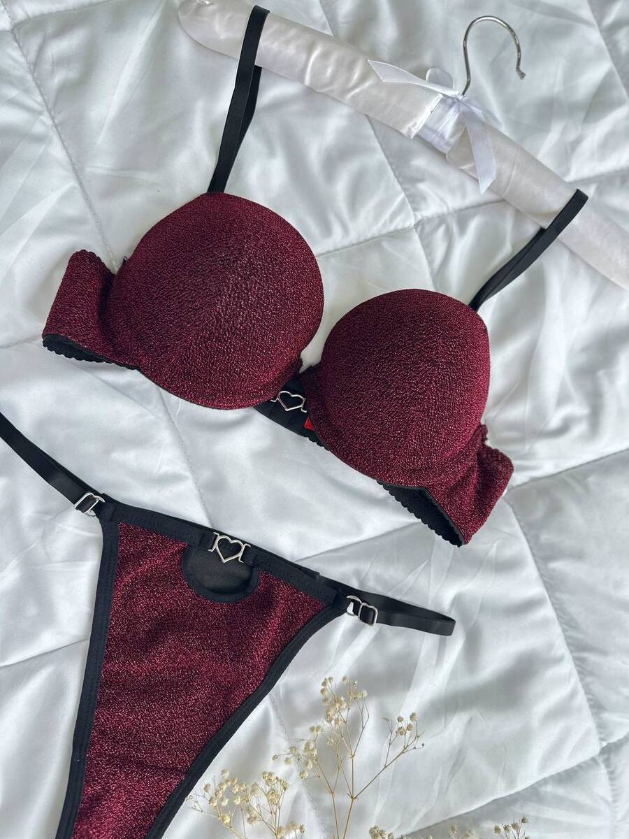 Bordo Kalp Detaylı Destekli Sutyen Takım