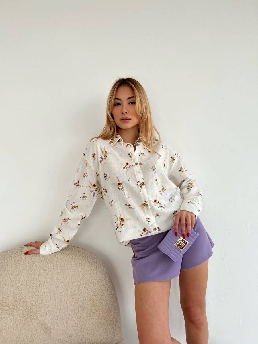 Çiçek Desenli Keten Gömlek