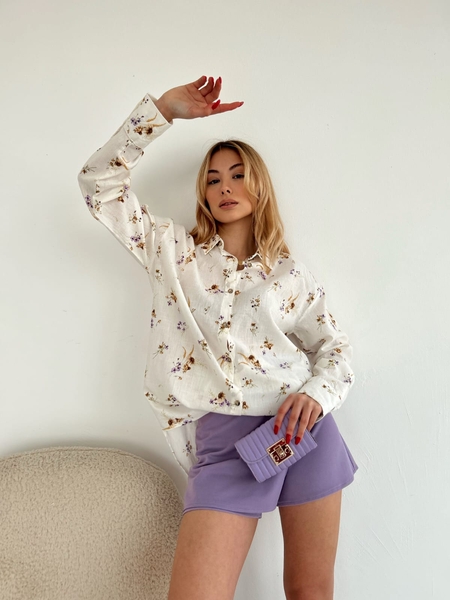 Çiçek Desenli Keten Gömlek - Thumbnail