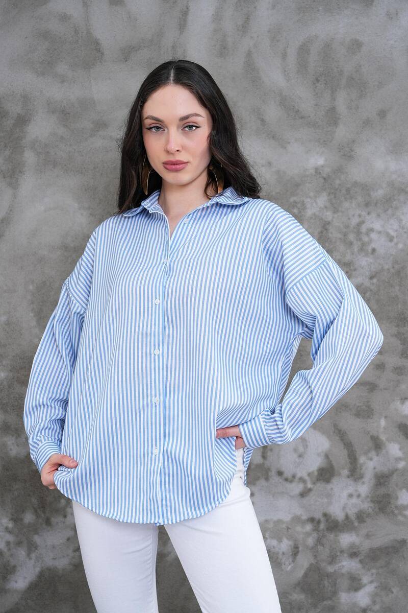 Çizgili Kısa Kadın Gömlek