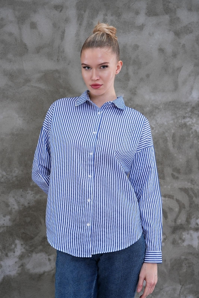 Çizgili Kısa Kadın Gömlek - Thumbnail