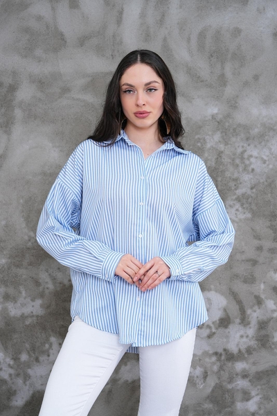 Çizgili Kısa Kadın Gömlek - Thumbnail