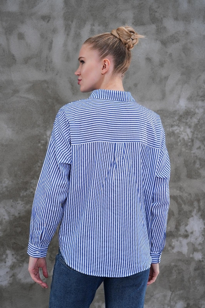 Çizgili Kısa Kadın Gömlek - Thumbnail