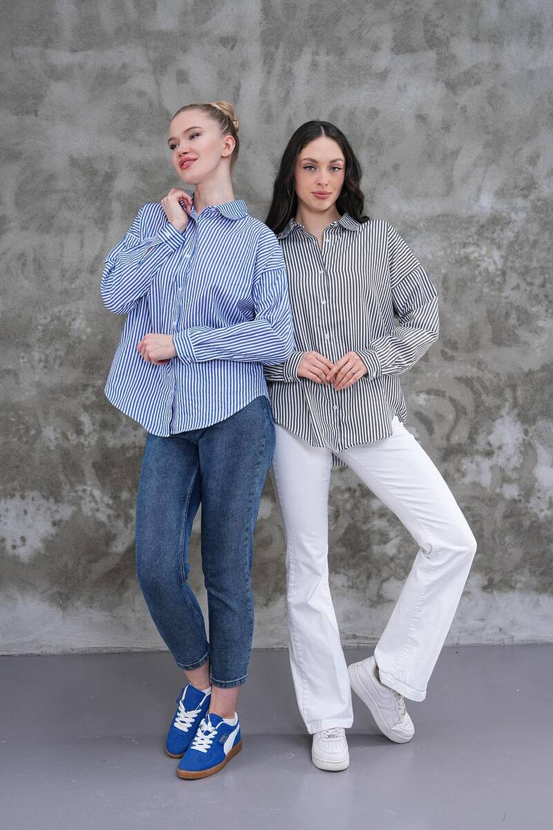 Çizgili Kısa Kadın Gömlek