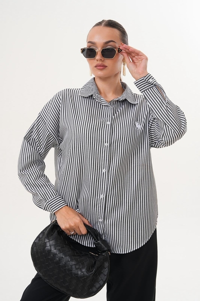 Çizgili Kısa Kadın Gömlek - Thumbnail