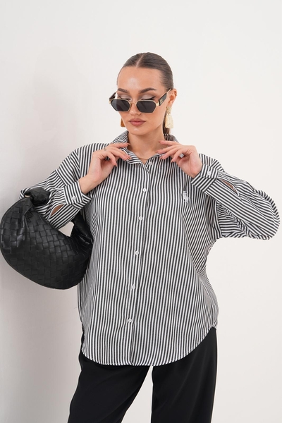 Çizgili Kısa Kadın Gömlek - Thumbnail