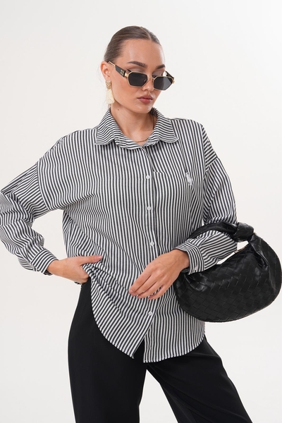 Çizgili Kısa Kadın Gömlek - Thumbnail