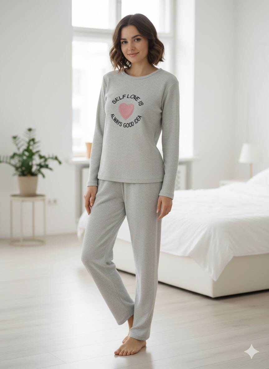 Gri Uzun Kol Kadın Pijama Takım