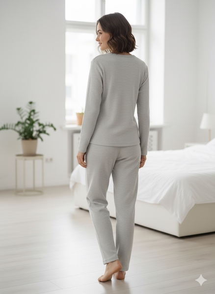 Gri Uzun Kol Kadın Pijama Takım - Thumbnail