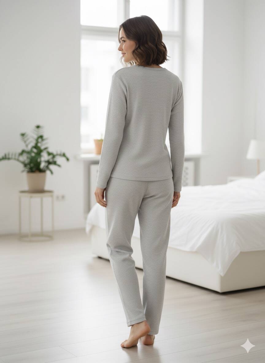 Gri Uzun Kol Kadın Pijama Takım