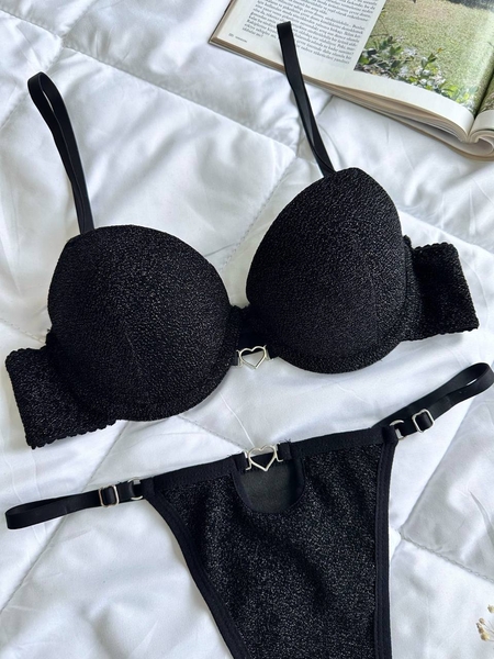 Siyah Kalp Detaylı Destekli Sutyen Takım - Thumbnail