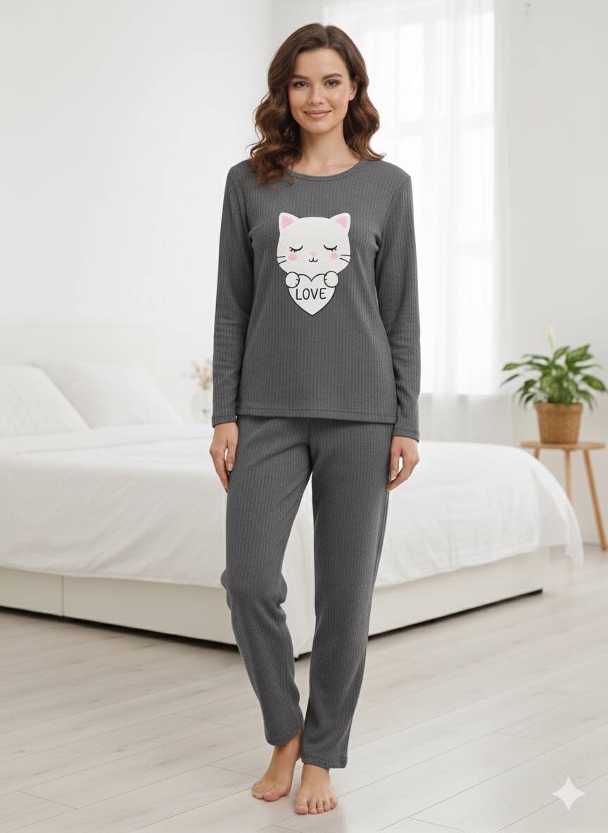 Kedi Baskılı Kadın Pijama Takım
