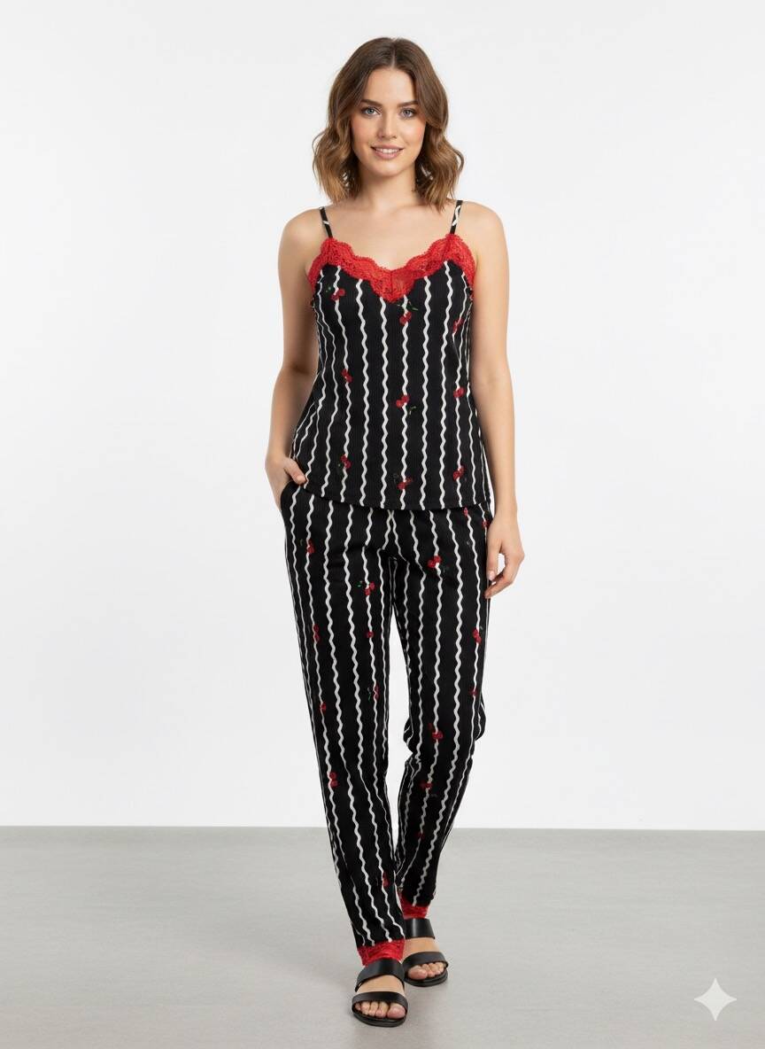 Kiraz Desenli İp Askılı Pijama Takım