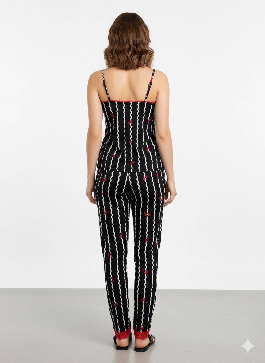 Kiraz Desenli İp Askılı Pijama Takım