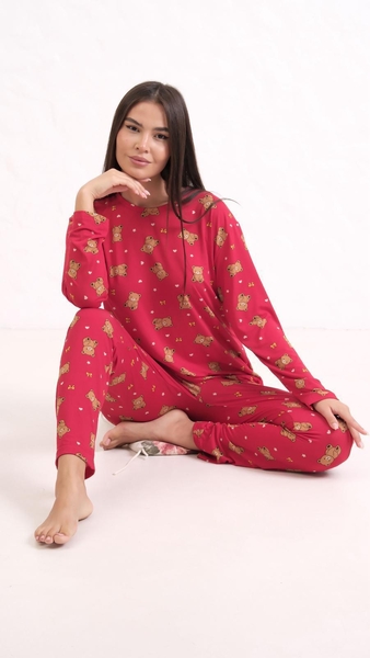  - Kırmızı Ayıcıklı Bisiklet Yaka Pijama Takım