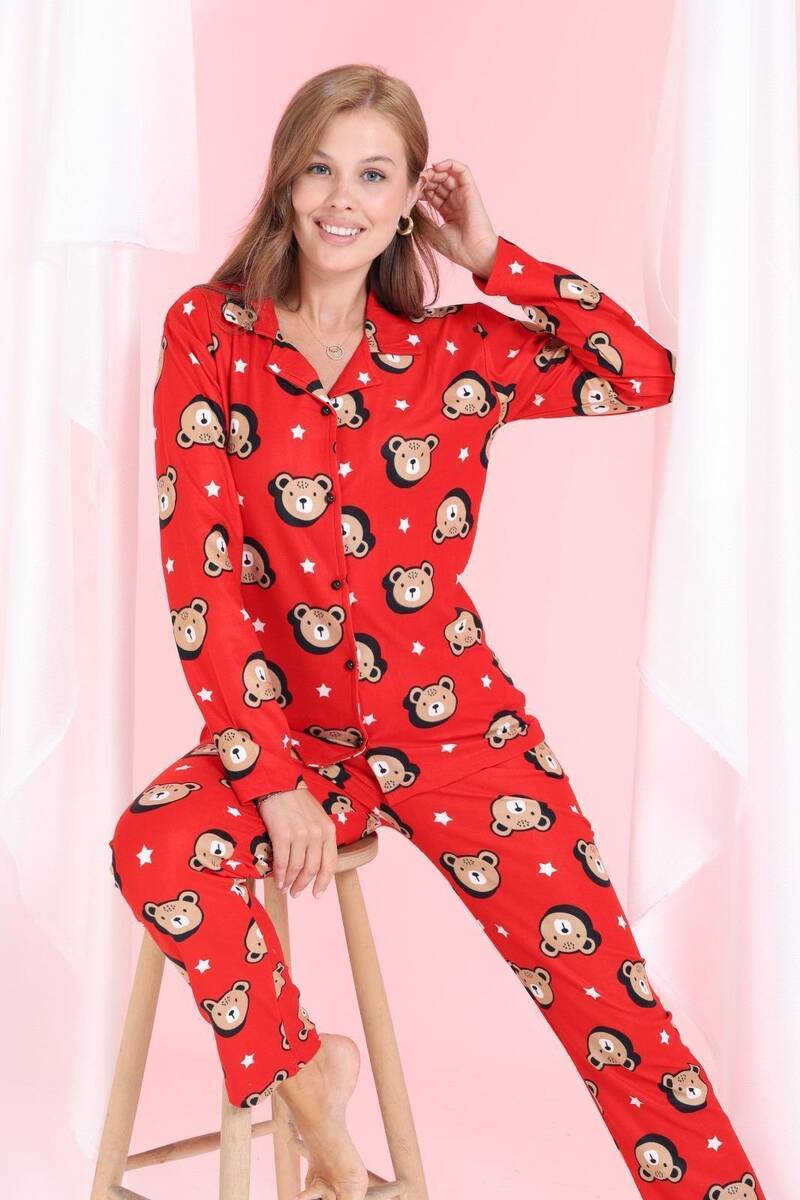 Kırmızı Ayıcıklı Gömlek Yaka Pijama Takım