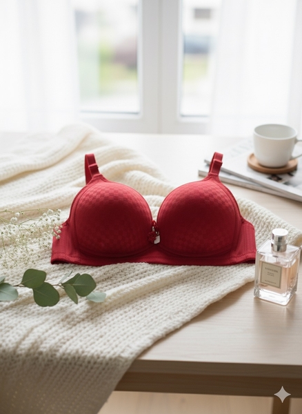  - Kırmızı Baklava Desen Telsiz Desteksiz Toparlayıcı Sutyen