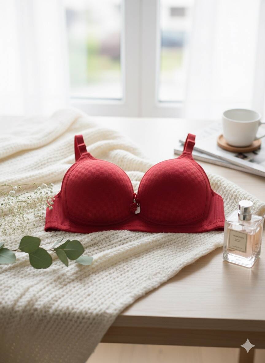 Kırmızı Baklava Desen Telsiz Desteksiz Toparlayıcı Sutyen