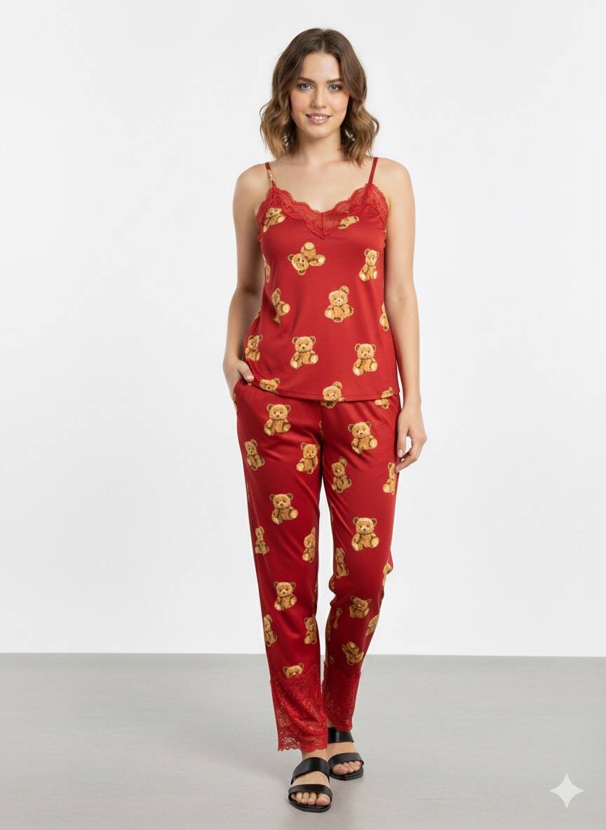 Kırmızı İp Askılı Pijama Takım