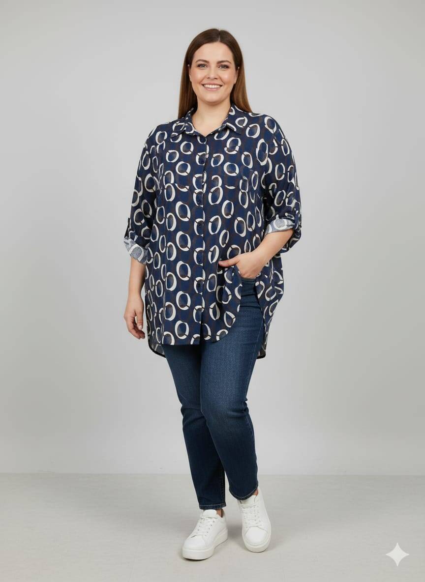 Lacivert Desenli Büyük Beden Gömlek