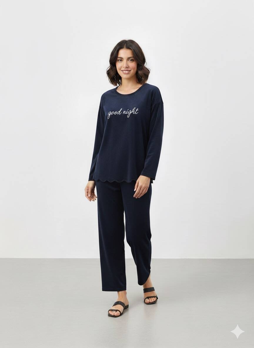 Lacivert Kadife Pijama Takım