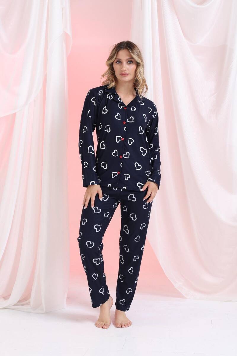 Lacivert Kalpli Gömlek Yaka Pijama Takım