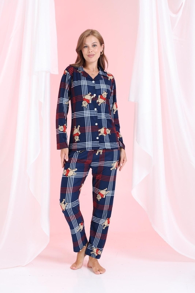  - Lacivert Kareli Gömlek Yaka Pijama Takım