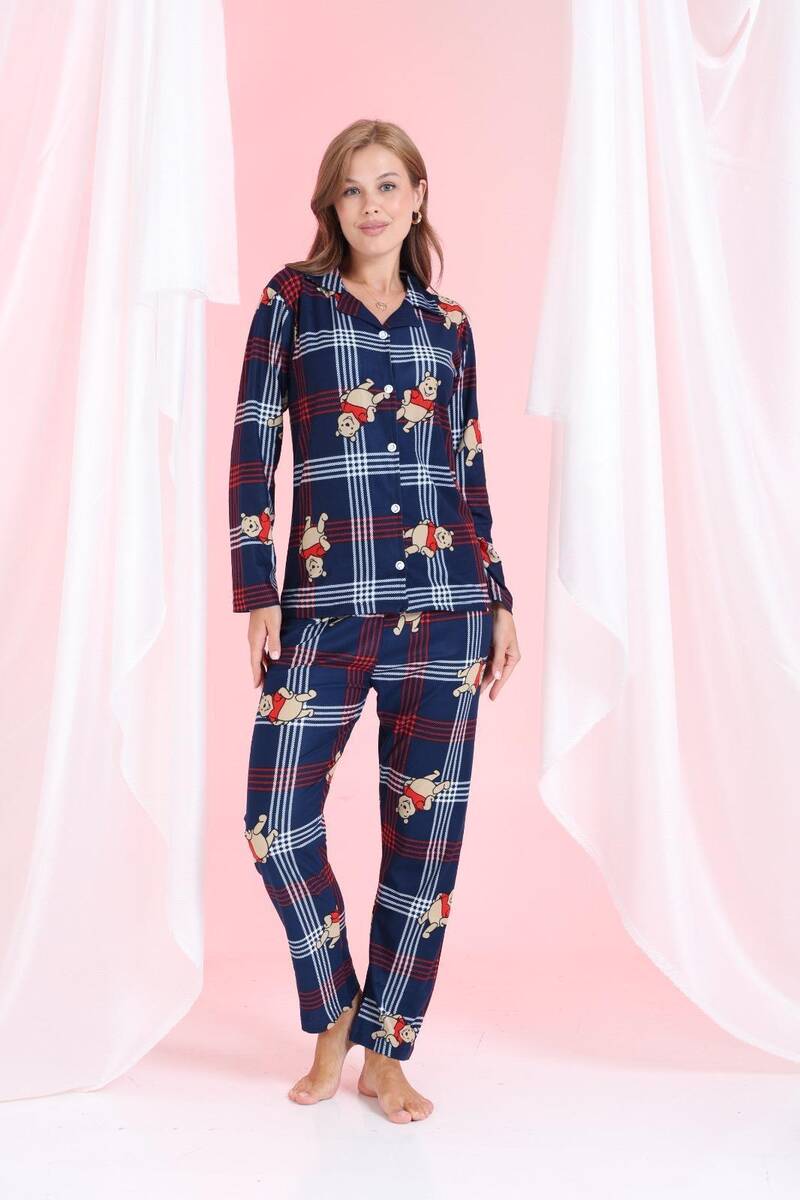 Lacivert Kareli Gömlek Yaka Pijama Takım
