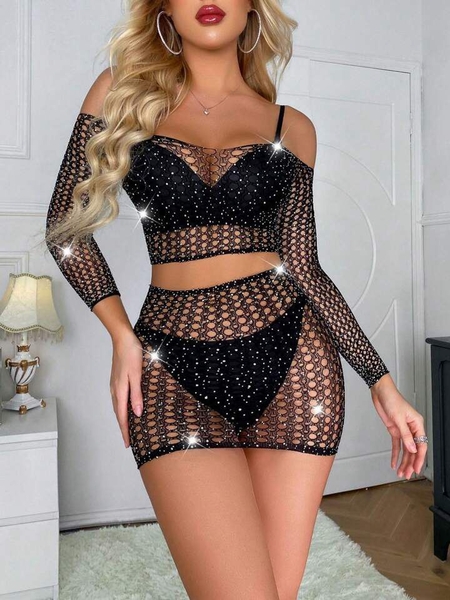  - Parlak Simli Siyah Gecelik Takım