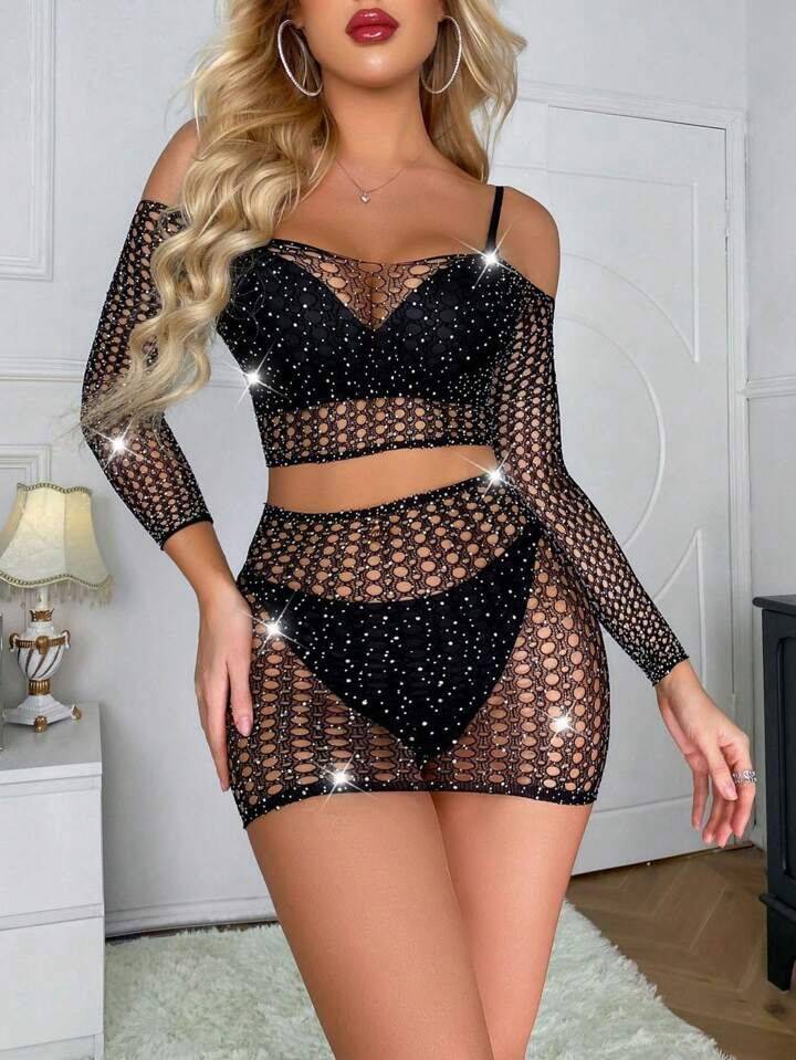 Parlak Simli Siyah Gecelik Takım