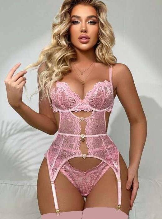 Pembe Dantel Jartiyer Takımı