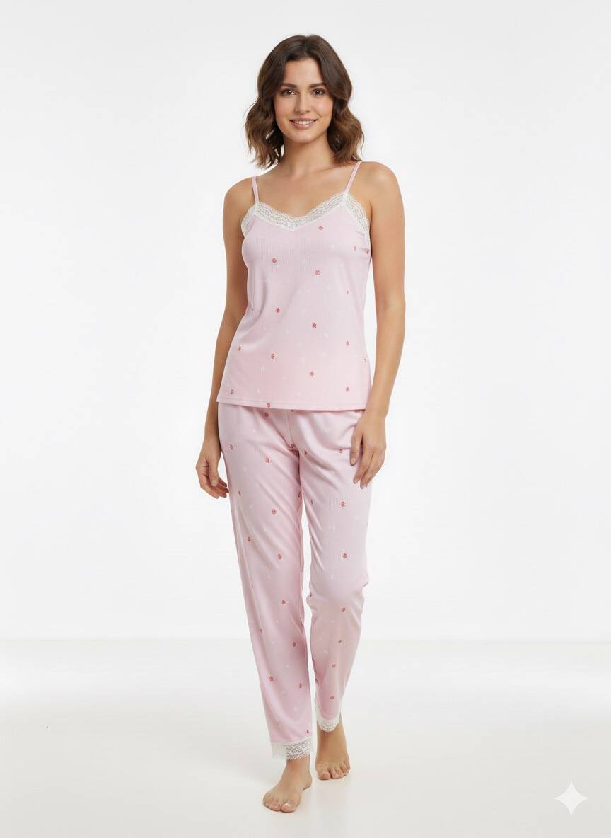 Pembe İp Askılı Kadın Pijama Takım