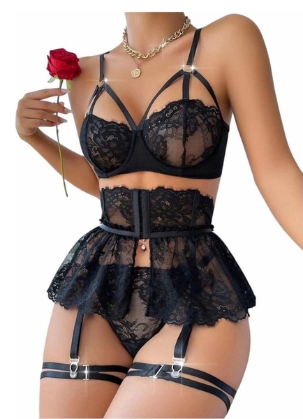  - Siyah Dantel Jartiyer Takım