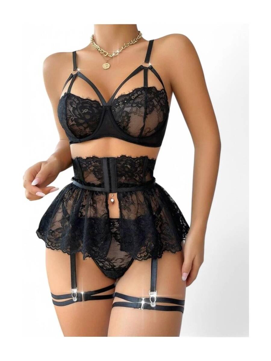 Siyah Dantel Jartiyer Takım