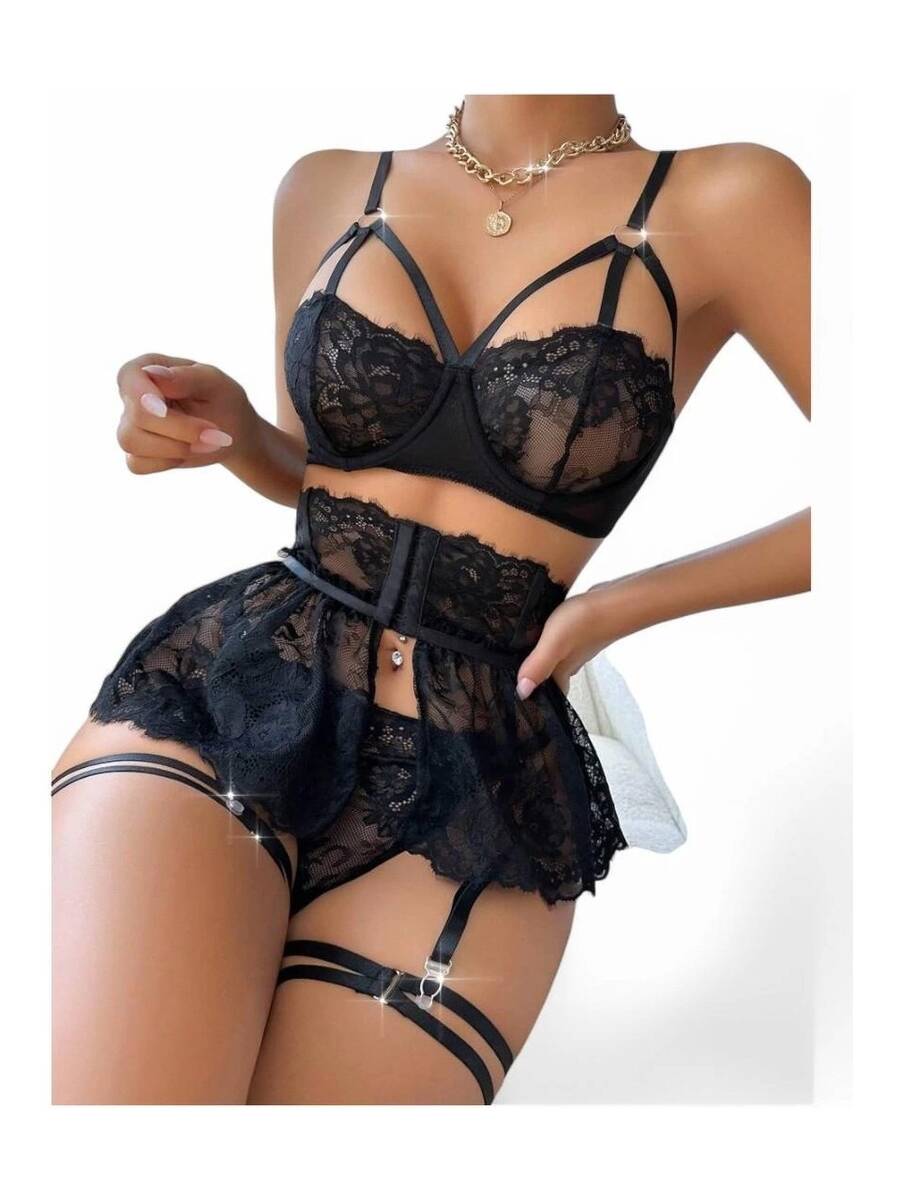 Siyah Dantel Jartiyer Takım