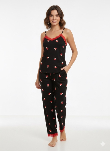  - Siyah Desenli İp Askılı Kadın Pijama Takım