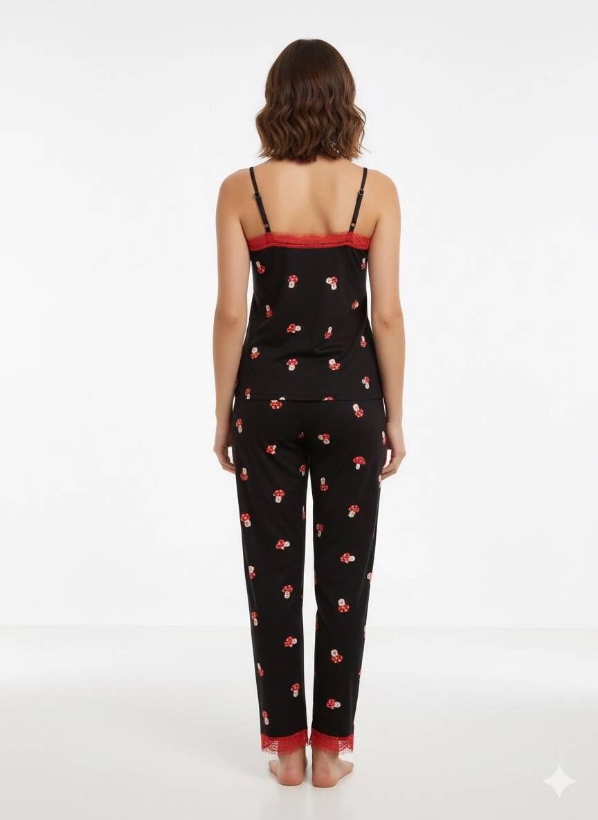 Siyah Desenli İp Askılı Kadın Pijama Takım