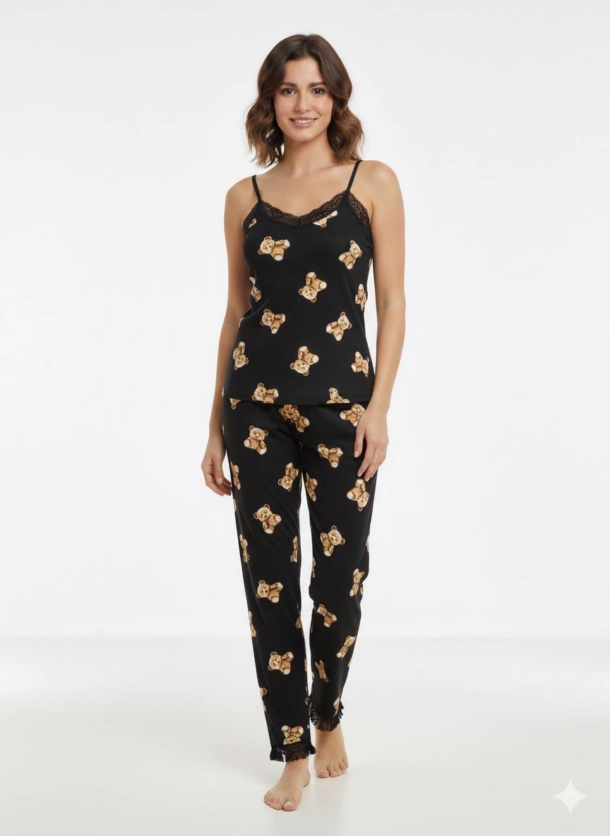 Siyah İp Askılı Pijama Takım