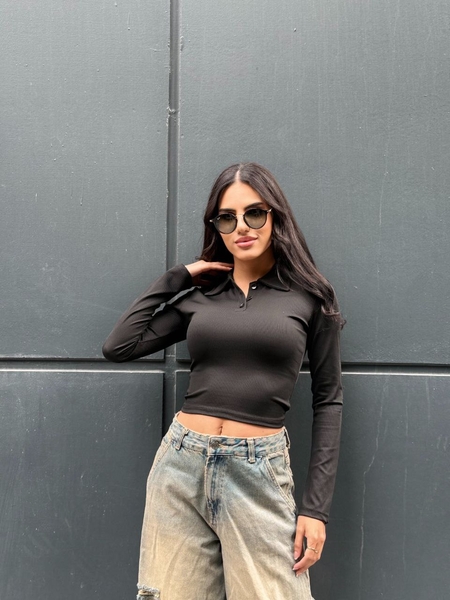 Siyah Polo Yaka Uzun Kol Tişört - Thumbnail